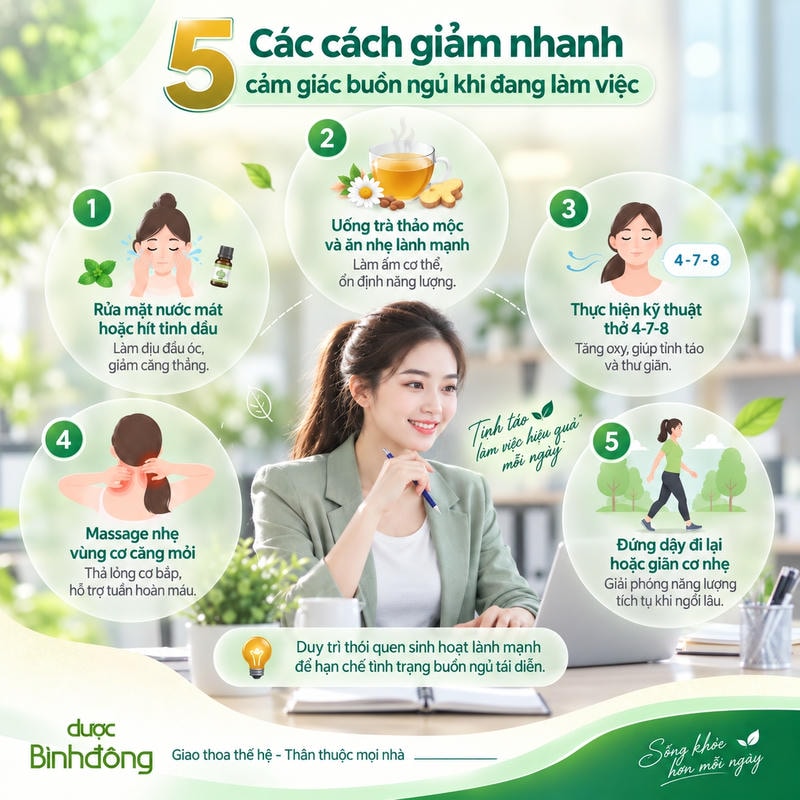Infographic 5 cách giảm buồn ngủ khi làm việc bằng rửa mặt, trà thảo mộc, thở, massage và vận động.