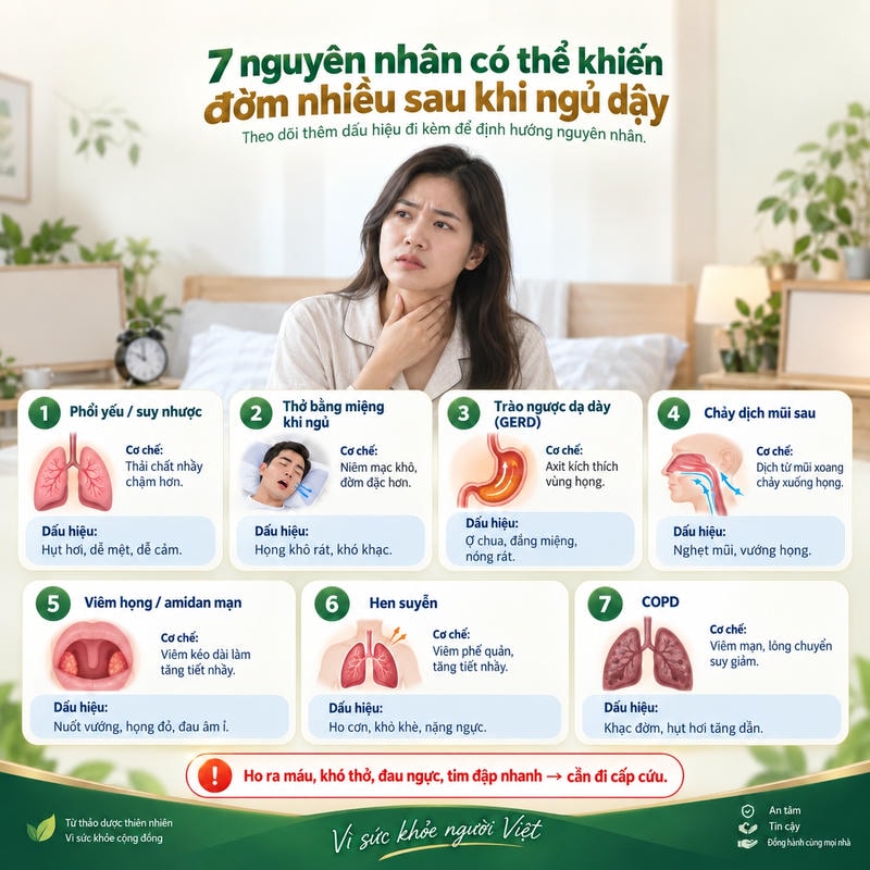 Infographic hướng dẫn bốn bước xử lý đờm buổi sáng: uống nước ấm, súc họng, rửa mũi và khạc nhẹ.