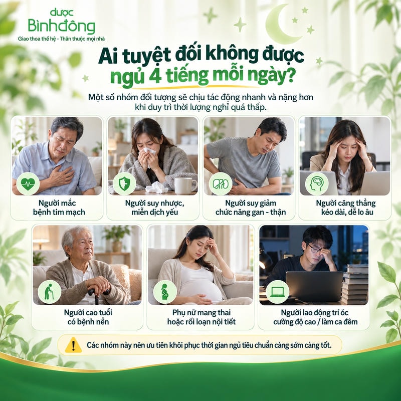 Infographic 7 nhóm không nên ngủ 4 tiếng/ngày: tim mạch, suy nhược, gan-thận yếu, lo âu, cao tuổi, mang thai, lao động trí óc.