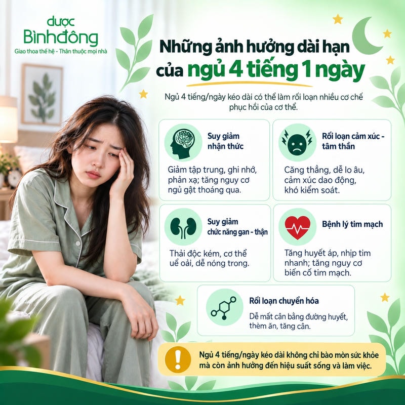 Infographic về hệ lụy ngủ 4 tiếng/ngày: suy giảm nhận thức, cảm xúc, gan-thận, tim mạch và chuyển hóa.