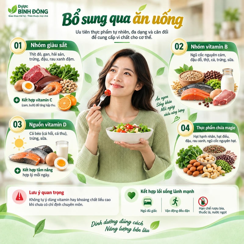 Infographic bổ sung vi chất qua ăn uống với bốn nhóm thực phẩm giàu sắt, vitamin B, D và magie.