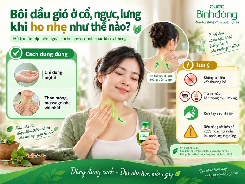 Infographic hướng dẫn bôi dầu gió khi ho: dùng ít, thoa mỏng, tránh vết thương hở và vùng niêm mạc.