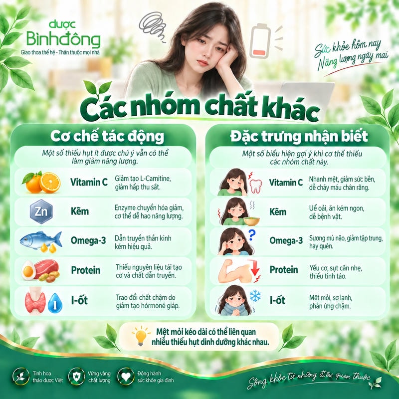 Infographic cho thấy thiếu vitamin C, kẽm, omega-3, protein và i-ốt có thể đi kèm nhiều biểu hiện mệt mỏi.