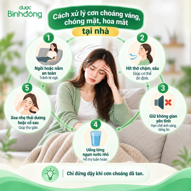 Infographic hướng dẫn 5 bước xử lý chóng mặt tại nhà, từ ngồi nghỉ đến uống nước và xoa nhẹ.