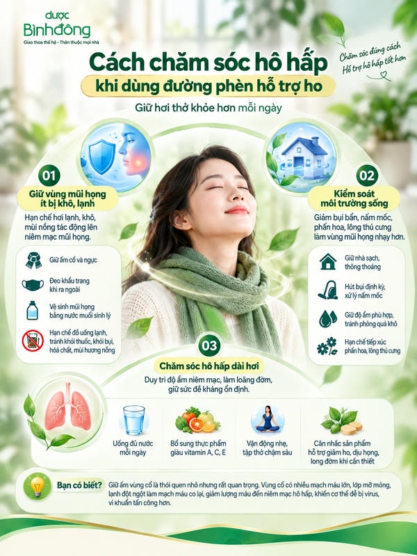 Infographic trình bày ba nhóm chăm sóc hô hấp: giữ ấm mũi họng, kiểm soát môi trường sống và duy trì thói quen hô hấp dài hạn.