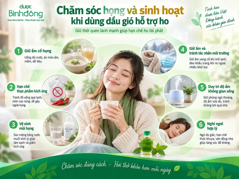 Infographic chăm sóc họng khi dùng dầu gió: giữ ẩm, tránh kích ứng, vệ sinh mũi họng và nghỉ ngơi.