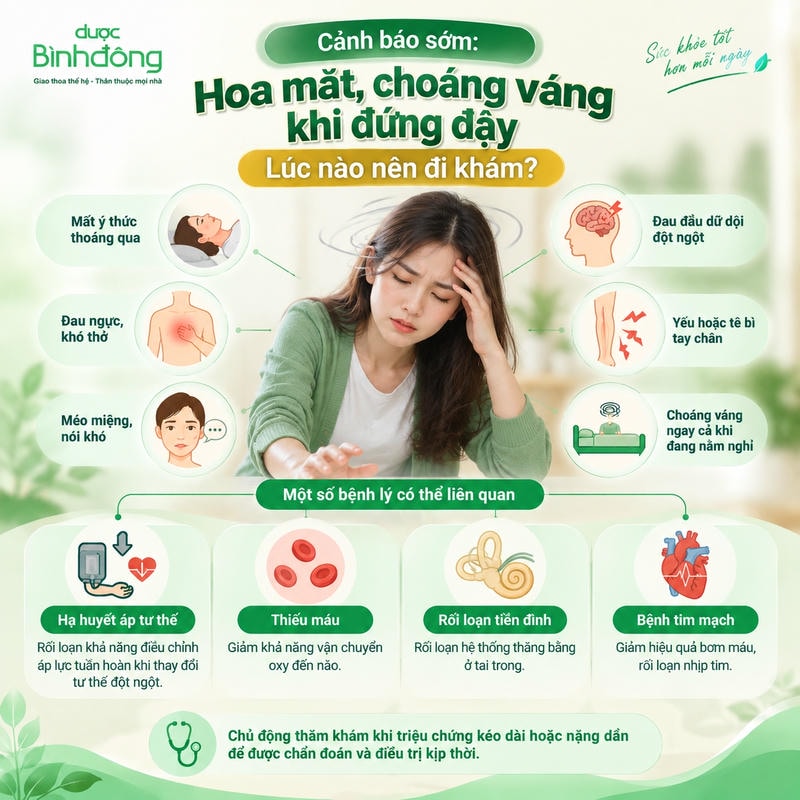 Infographic chóng mặt khi đứng dậy, nêu dấu hiệu nguy hiểm và bốn nhóm bệnh lý có thể liên quan.