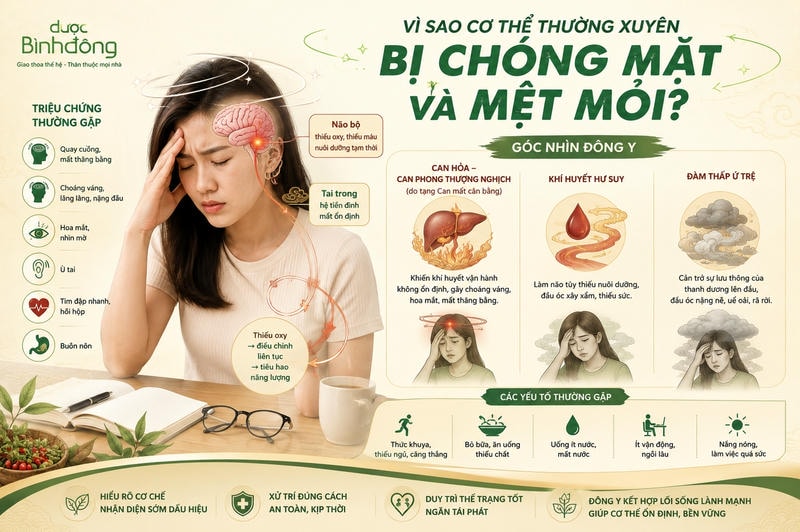 Infographic chóng mặt mệt mỏi mô tả triệu chứng, não - tiền đình và ba cơ chế Đông y liên quan.