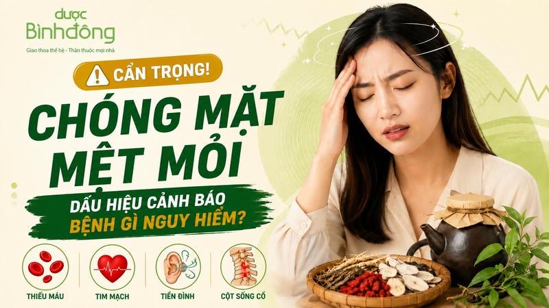 Thumbnail chóng mặt, mệt mỏi: người ôm đầu và biểu tượng thiếu máu, tim mạch, tiền đình, cột sống cổ.