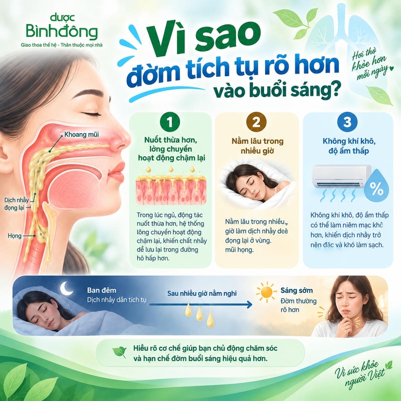 Infographic ba yếu tố làm đờm tích tụ buổi sáng: nuốt thưa, nằm lâu và không khí khô.