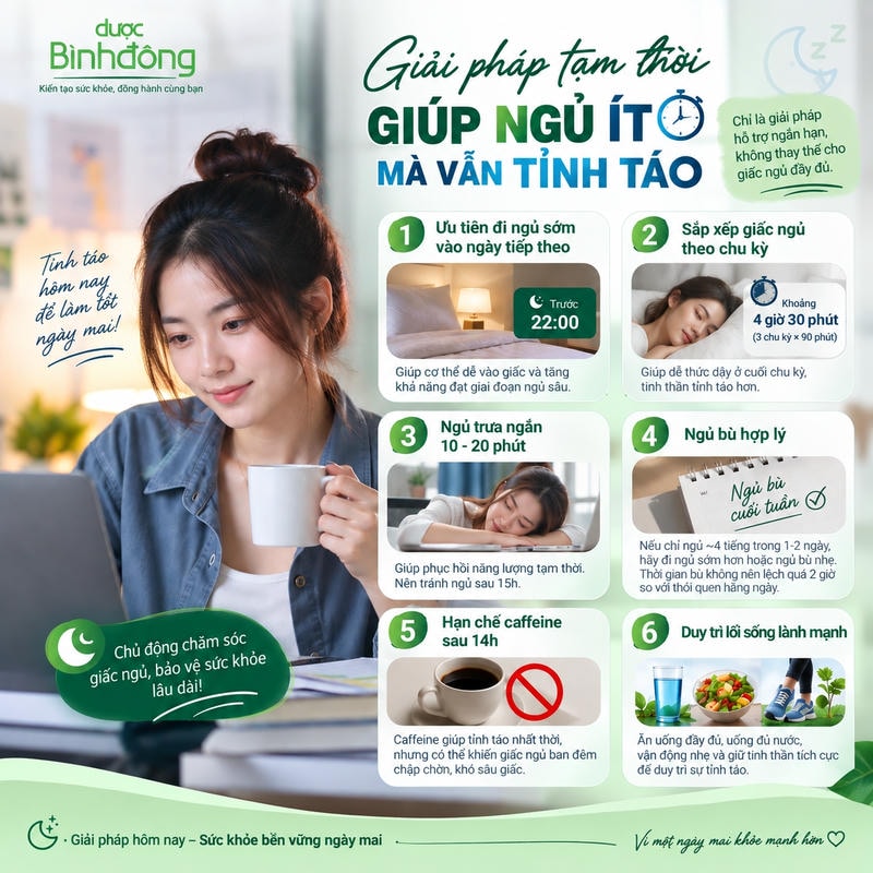 Infographic giải pháp khi ngủ ít: ngủ sớm, ngủ trưa, ngủ bù, theo chu kỳ và hạn chế caffeine.