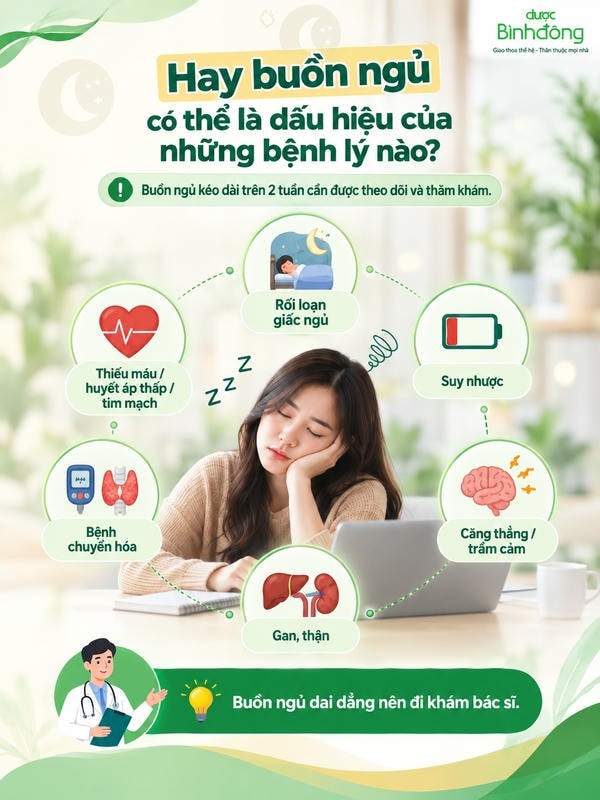 Sơ đồ minh họa 6 nhóm bệnh lý liên quan tình trạng hay buồn ngủ, với nhân vật lơ mơ ở trung tâm.