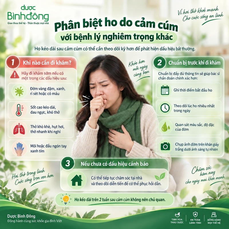 Infographic phân biệt ho cảm cúm qua các dấu hiệu cảnh báo và thông tin cần chuẩn bị trước khi đi khám.