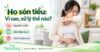 Người phụ nữ ho vào khuỷu tay, một tay giữ vùng bụng dưới. Bên cạnh là các nhãn Nguyên nhân, Dấu hiệu lưu ý và Cách chăm sóc.