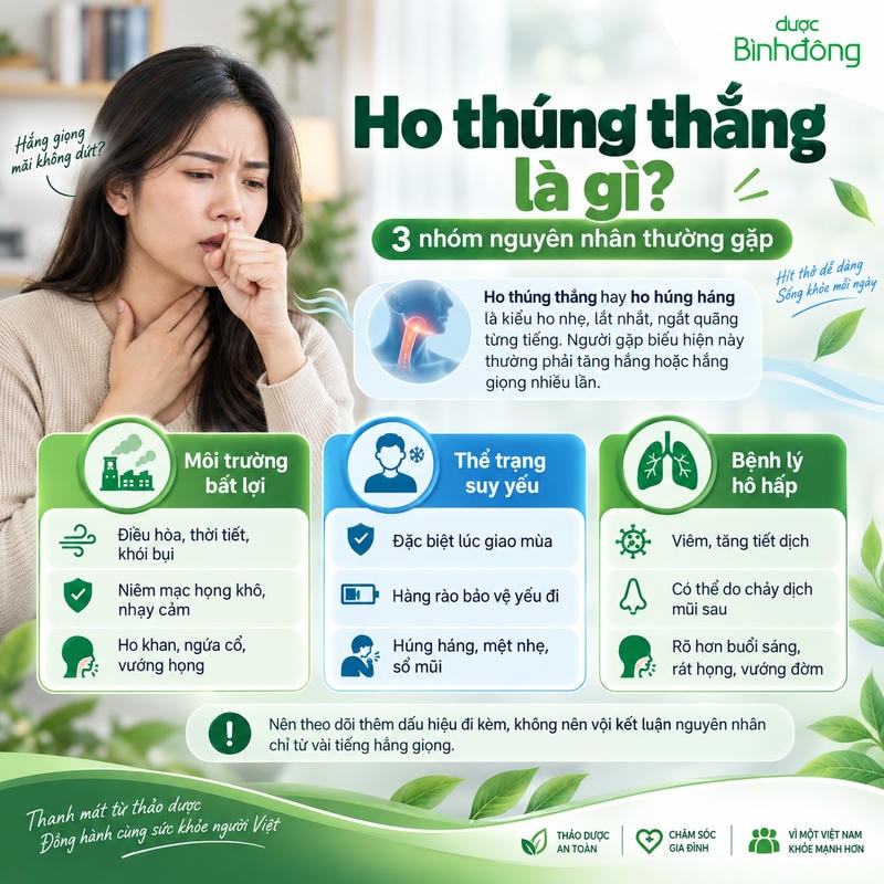 Infographic về ho thúng thắng, giải thích đây là kiểu ho nhẹ lắt nhắt và tóm tắt 3 nhóm nguyên nhân thường gặp.