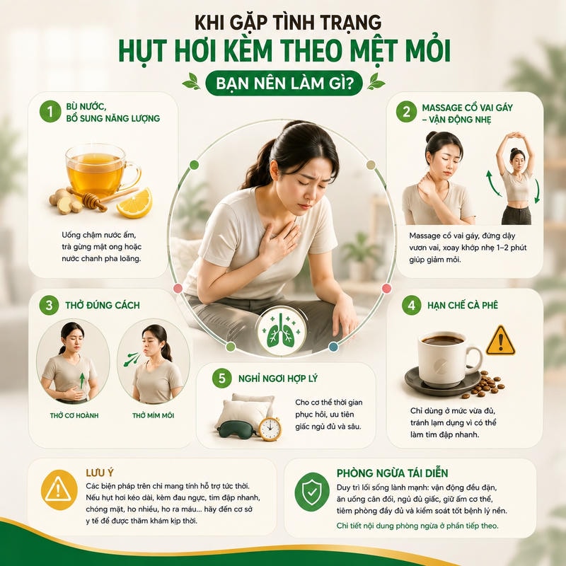 Infographic hướng dẫn xử trí hụt hơi mệt mỏi: bù nước, massage, thở đúng, hạn chế cà phê, nghỉ ngơi.