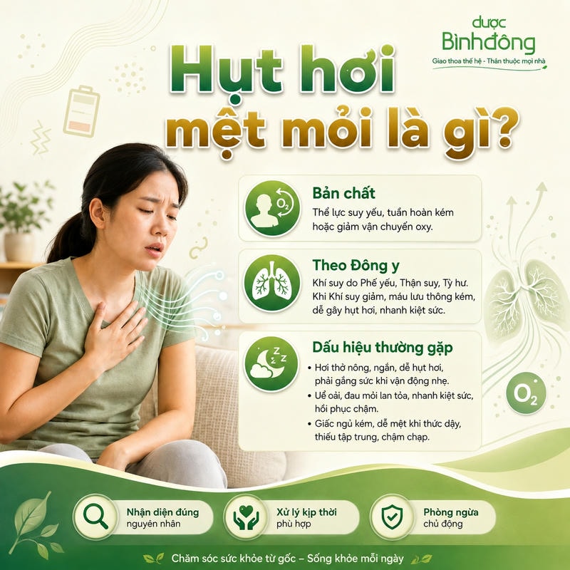 Infographic hụt hơi mệt mỏi trình bày bản chất, góc nhìn Đông y và các dấu hiệu thường gặp.