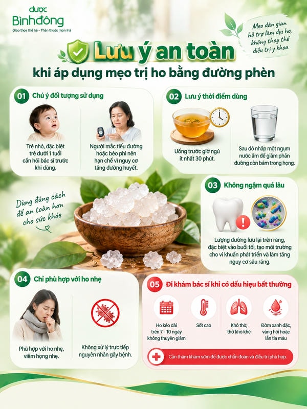 Infographic tổng hợp năm lưu ý an toàn khi dùng đường phèn hỗ trợ ho, gồm đối tượng, thời điểm và dấu hiệu cần khám.