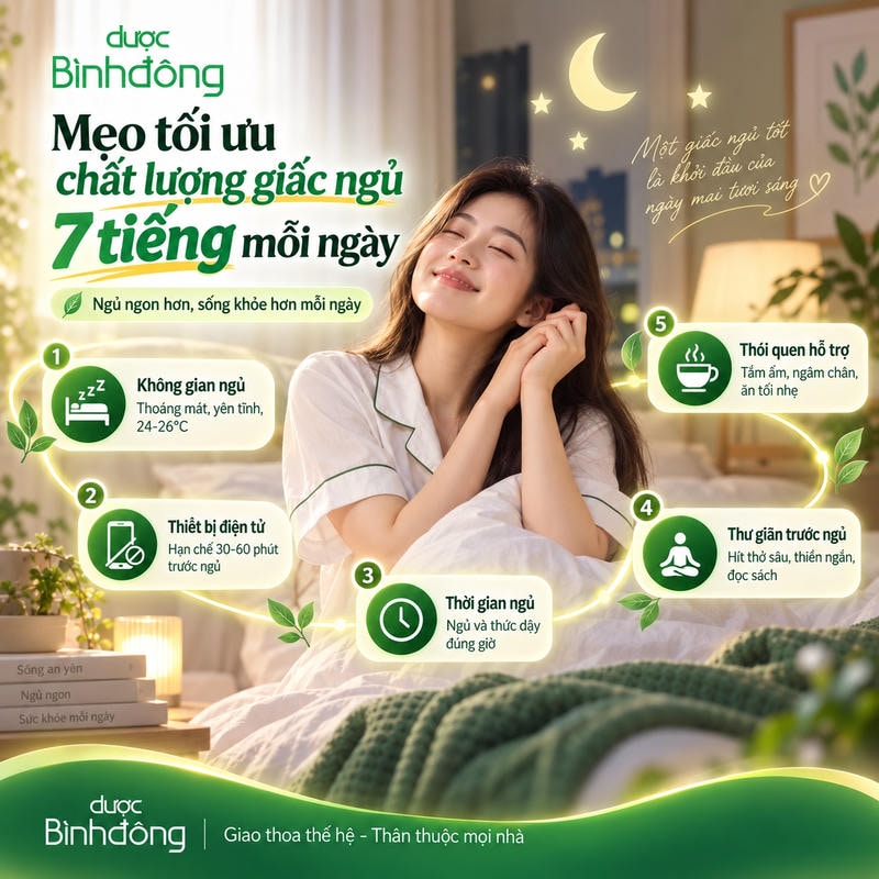 Đồ họa timeline cho thấy chất lượng giấc ngủ 7 tiếng được cải thiện nhờ không gian ngủ phù hợp, hạn chế thiết bị điện tử và duy trì giờ ngủ ổn định.