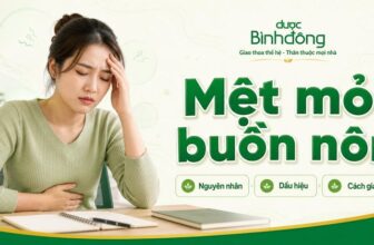 Người phụ nữ mệt mỏi, một tay ôm bụng và một tay tựa trán. Thumbnail “Mệt mỏi buồn nôn” nêu nguyên nhân, dấu hiệu và cách giảm.