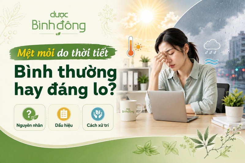 Thumbnail mệt mỏi do thời tiết: người mệt trước laptop, nền nắng mưa, nguyên nhân, dấu hiệu, xử trí.