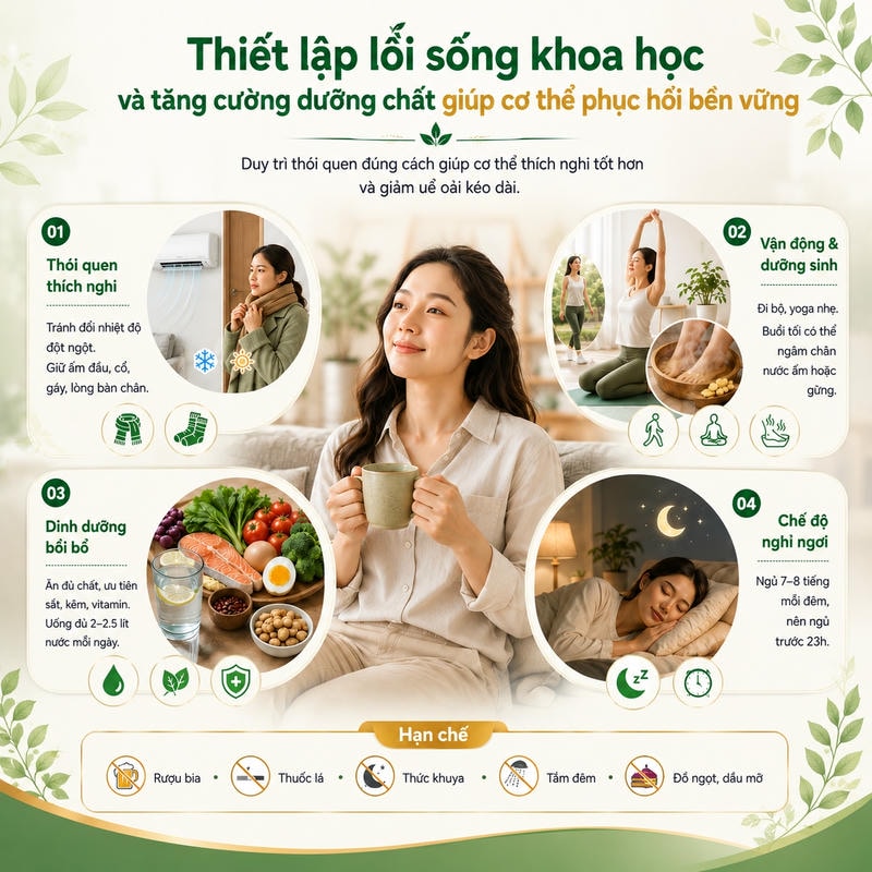 Infographic bốn thói quen phục hồi thể trạng: thích nghi nhiệt độ, vận động, dinh dưỡng và nghỉ ngơi.