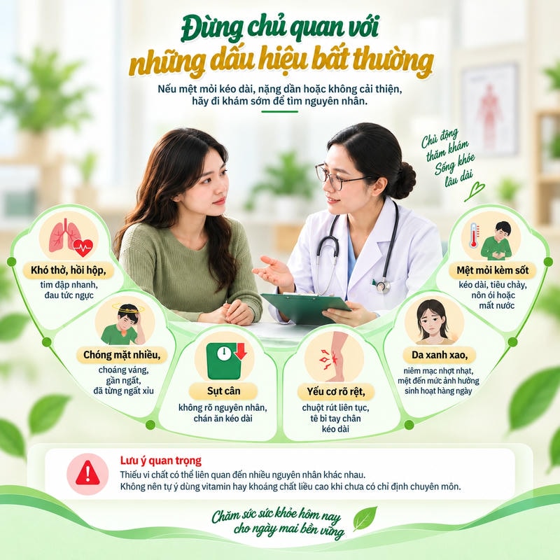 Infographic mệt mỏi kéo dài nêu sáu dấu hiệu bất thường cần lưu ý và đi khám sớm.