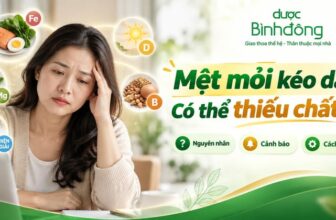 Thumbnail mệt mỏi kéo dài với người phụ nữ uể oải, kèm sắt, magie, vitamin B, D và điện giải.