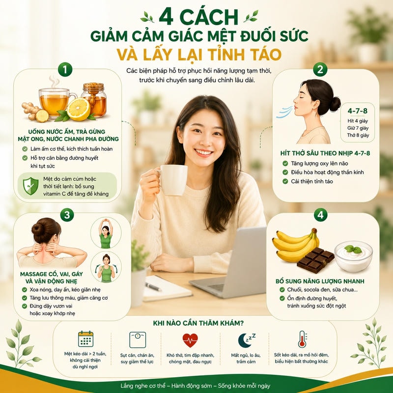 Infographic bốn cách hỗ trợ giảm mệt đuối sức: uống nước ấm, thở 4-7-8, massage và bổ sung năng lượng.