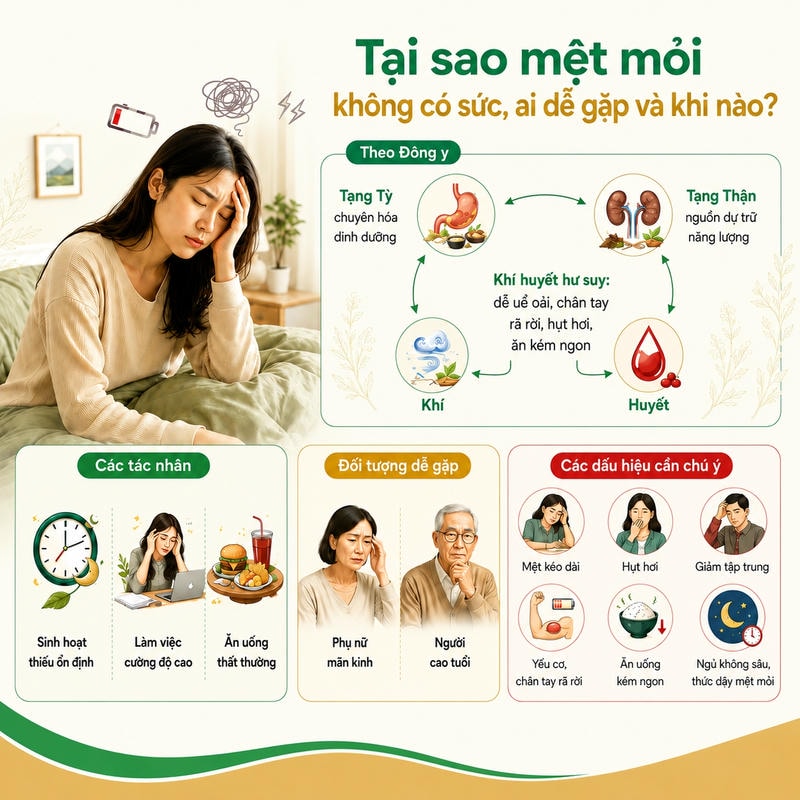Infographic mệt mỏi không có sức gồm cơ chế Đông y, tác nhân, nhóm dễ gặp và dấu hiệu.