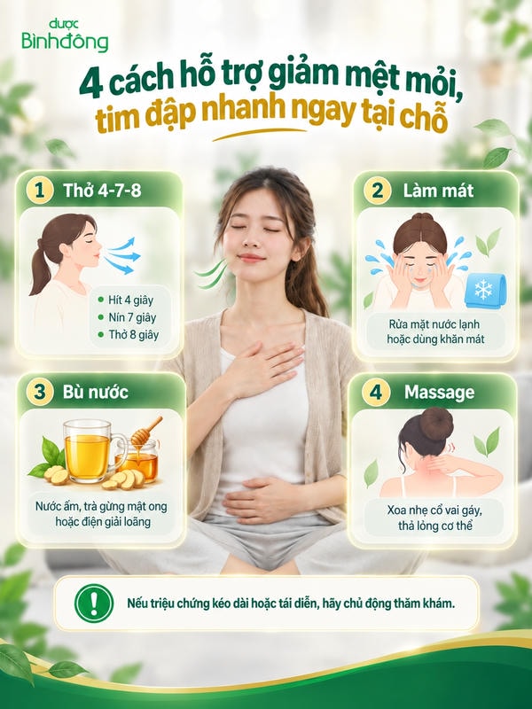 Infographic hướng dẫn 4 cách hỗ trợ: thở 4-7-8, làm mát, bù nước và massage khi tim đập nhanh.