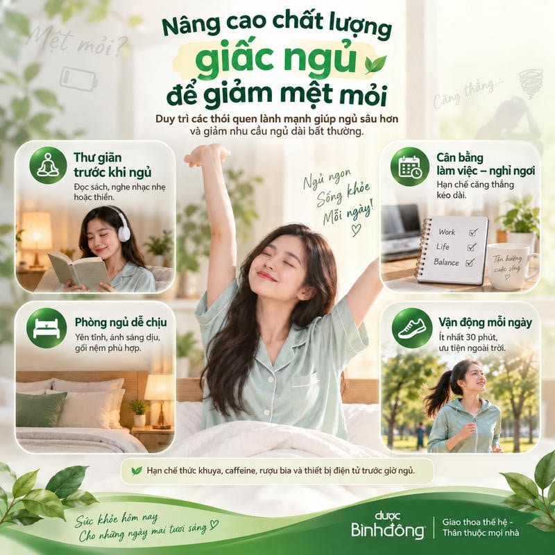 Infographic 4 thói quen cải thiện giấc ngủ: thư giãn, cân bằng, phòng ngủ dễ chịu và vận động.