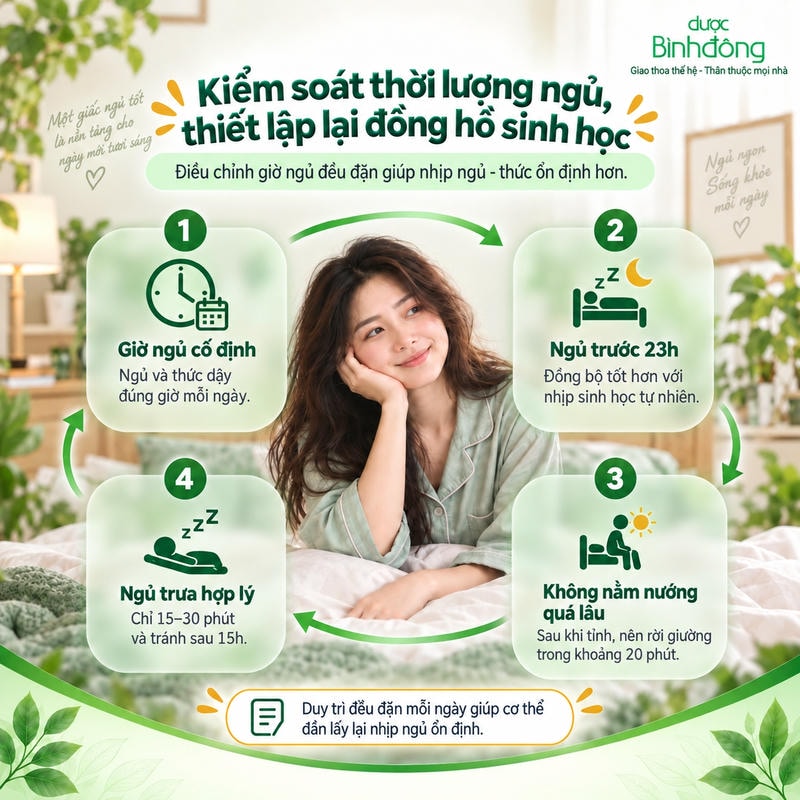 Sơ đồ 4 bước chỉnh nhịp ngủ: giờ cố định, ngủ trước 23h, hạn chế nằm nướng và ngủ trưa