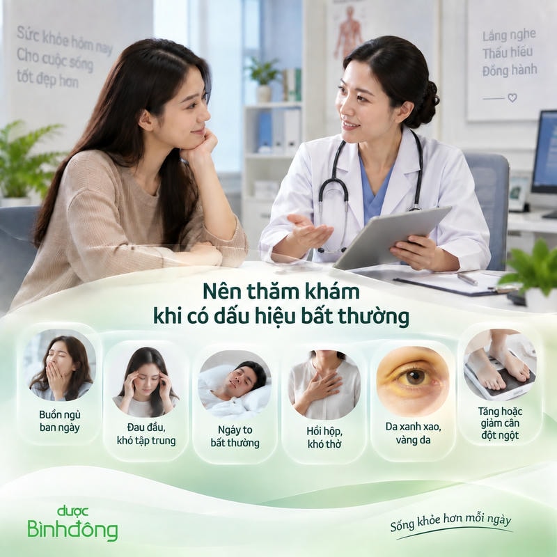 Infographic sáu dấu hiệu bất thường khi ngủ nhiều, kèm cảnh bác sĩ tư vấn tại phòng khám.