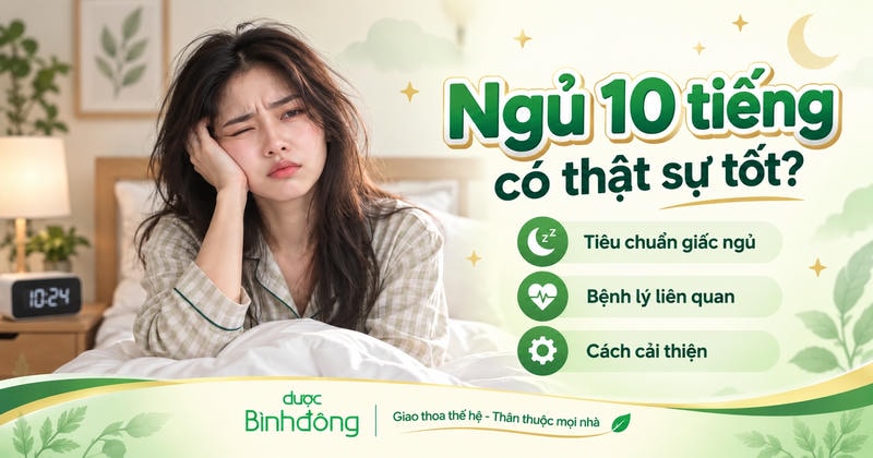 Thumbnail về ngủ 10 tiếng với người thức dậy mệt, cùng ba mục: tiêu chuẩn, bệnh lý, cách cải thiện.