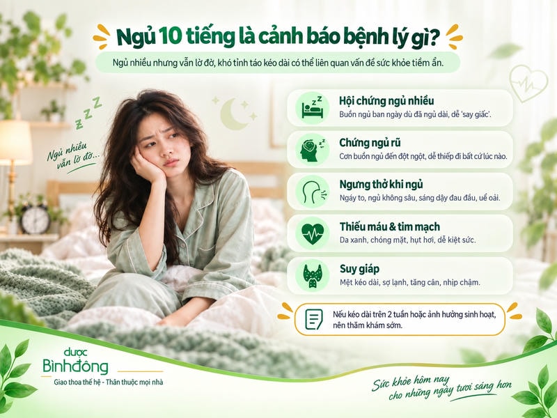 Infographic về ngủ 10 tiếng kèm lờ đờ kéo dài, tổng hợp 5 nhóm bệnh lý liên quan và lưu ý thăm khám sớm.