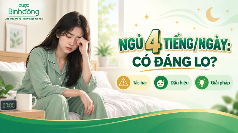 Người phụ nữ mệt mỏi ngồi trên giường, tay day mắt sau khi ngủ ít. Thumbnail nhấn mạnh câu hỏi ngủ 4 tiếng mỗi ngày có đáng lo không.