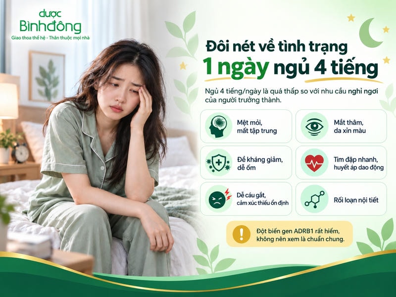 Infographic tình trạng ngủ 4 tiếng/ngày cho thấy thời lượng này quá thấp và có thể kéo theo nhiều dấu hiệu cảnh báo.