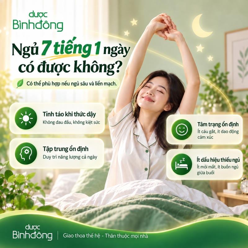 Đồ họa minh họa ngủ 7 tiếng mỗi ngày vẫn có thể phù hợp nếu giấc ngủ sâu, liền mạch và cơ thể thức dậy tỉnh táo.