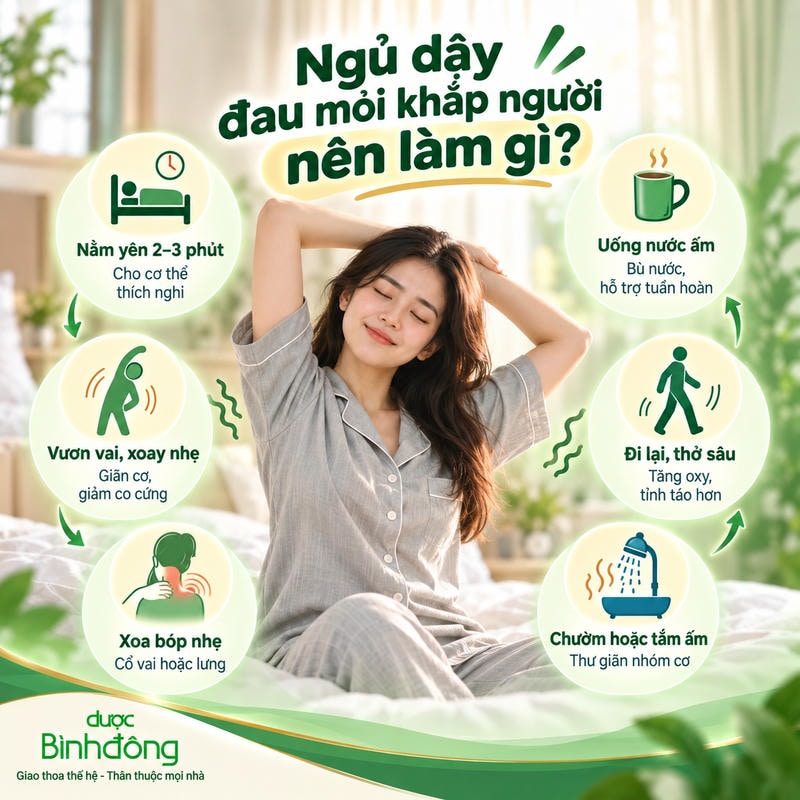 Infographic 5 cách giảm đau mỏi sau ngủ dậy: nằm yên, vươn vai, xoa bóp, uống nước ấm, đi lại.