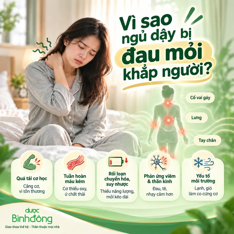 Sơ đồ năm nhóm nguyên nhân đau mỏi sau ngủ: cơ học, tuần hoàn, chuyển hóa, thần kinh, môi trường.