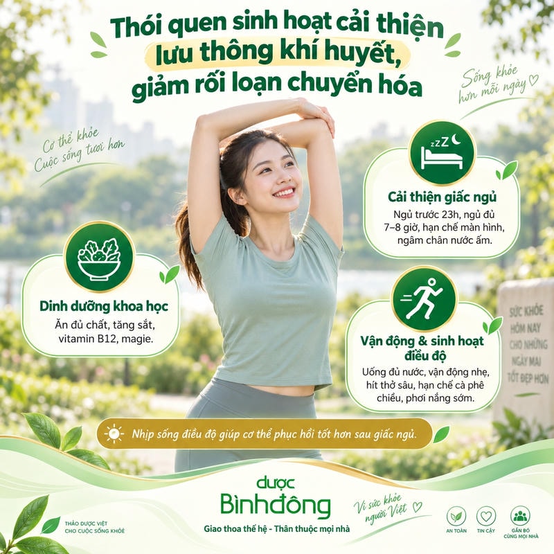 Infographic ba nhóm thói quen về giấc ngủ, dinh dưỡng và vận động hỗ trợ phục hồi cơ thể.