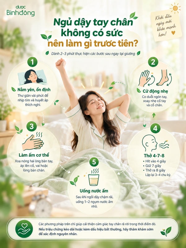 Infographic 5 bước hỗ trợ tay chân rã rời sau ngủ dậy: nghỉ, cử động, làm ấm, thở, uống nước.