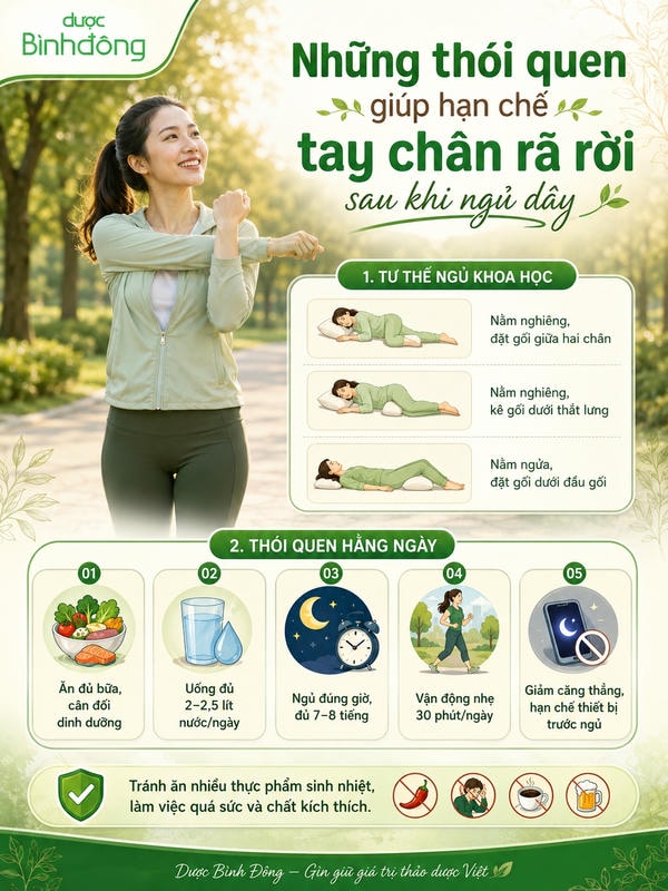 Infographic ba tư thế ngủ và năm thói quen hỗ trợ hạn chế tay chân rã rời sau ngủ dậy.