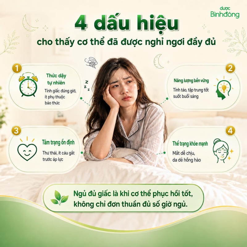 Infographic bốn dấu hiệu cho thấy ngủ đủ giấc cần cả phục hồi cơ thể, không chỉ đủ số giờ.