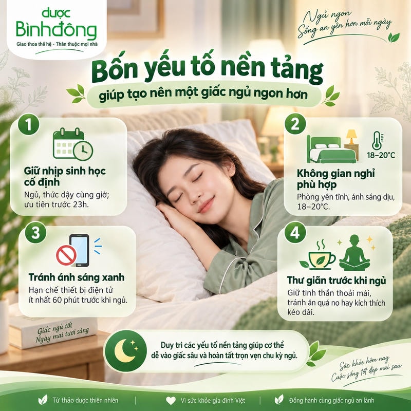 Infographic bốn yếu tố cho giấc ngủ ngon: nhịp sinh học, môi trường, hạn chế ánh sáng xanh, thư giãn.