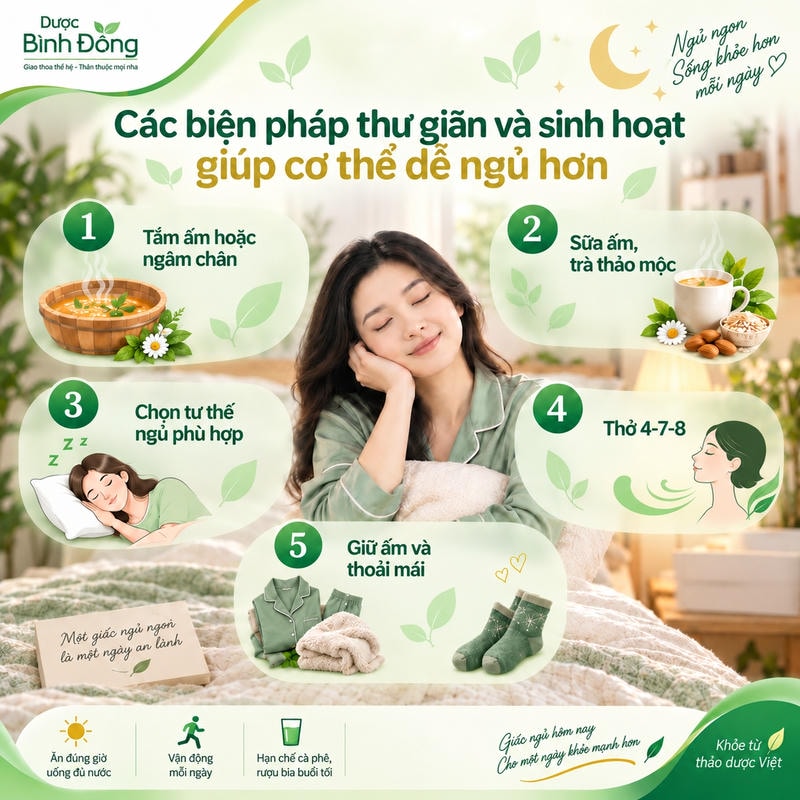 Infographic năm biện pháp thư giãn trước ngủ: tắm ấm, đồ uống ấm, tư thế, thở 4-7-8, giữ ấm.