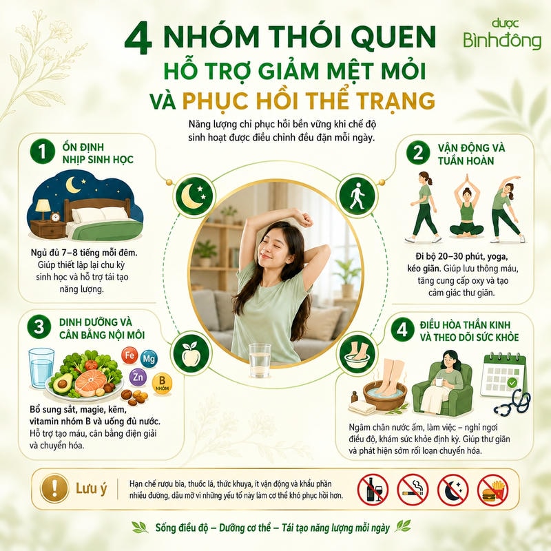 Infographic bốn nhóm thói quen giảm mệt mỏi: ngủ đủ, vận động, dinh dưỡng và theo dõi sức khỏe.