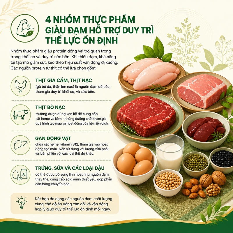 Infographic bốn nhóm thực phẩm giàu đạm: gia cầm, thịt bò, gan động vật, trứng sữa và đậu hạt.