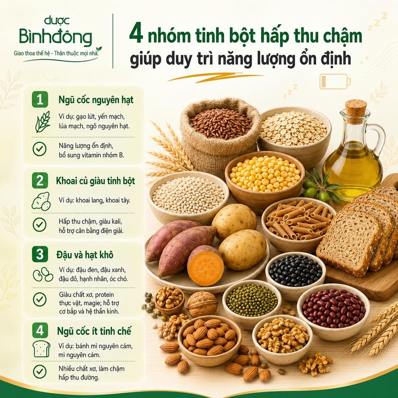 Infographic tinh bột hấp thu chậm gồm bốn nhóm thực phẩm; dầu ôliu là phần bổ sung chất béo.